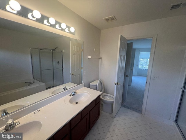 full bath with toilet, a sink, visible vents, and a shower stall