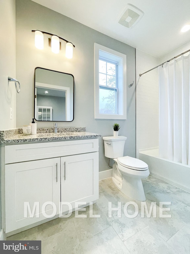 full bath featuring shower / bath combo, baseboards, toilet, marble finish floor, and vanity