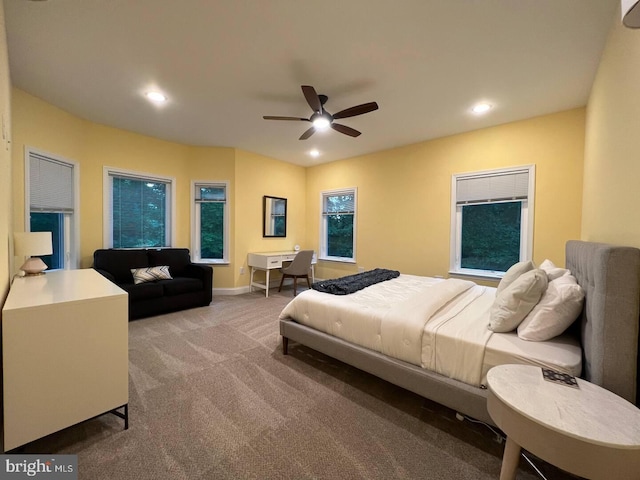 bedroom with carpet, ceiling fan, baseboards, and recessed lighting