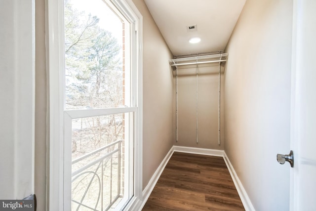 walk in closet with dark wood-style flooring