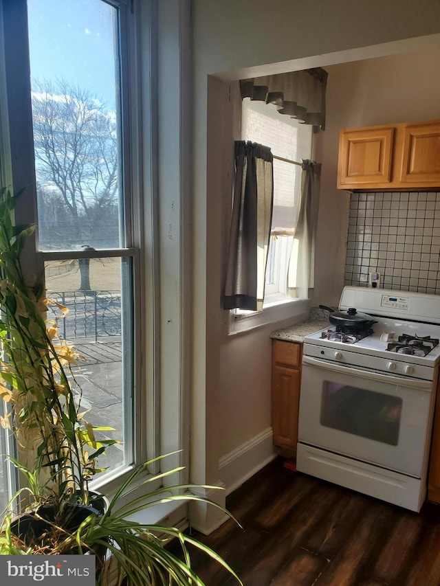 kitchen with a wealth of natural light, tasteful backsplash, white range with gas stovetop, and dark wood-type flooring