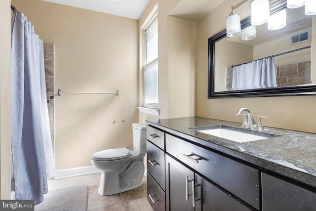 bathroom with curtained shower, visible vents, toilet, vanity, and tile patterned flooring