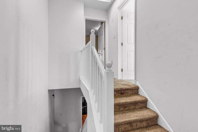 stairway with carpet floors and baseboards