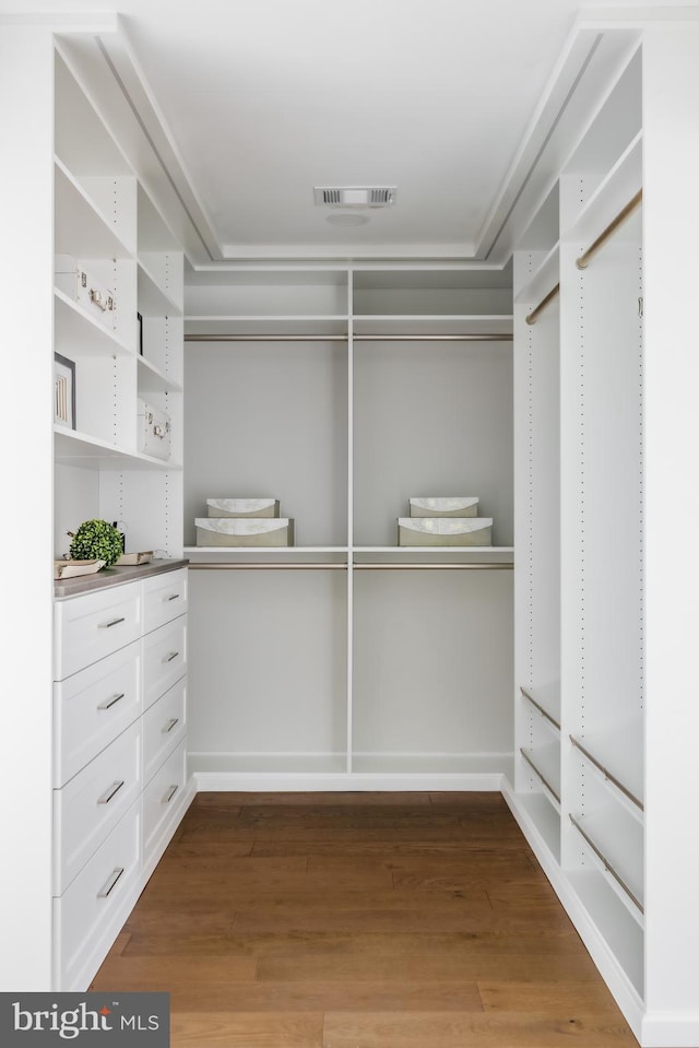 walk in closet with visible vents and wood finished floors
