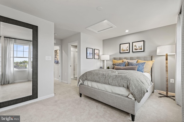 carpeted bedroom with attic access, recessed lighting, and baseboards