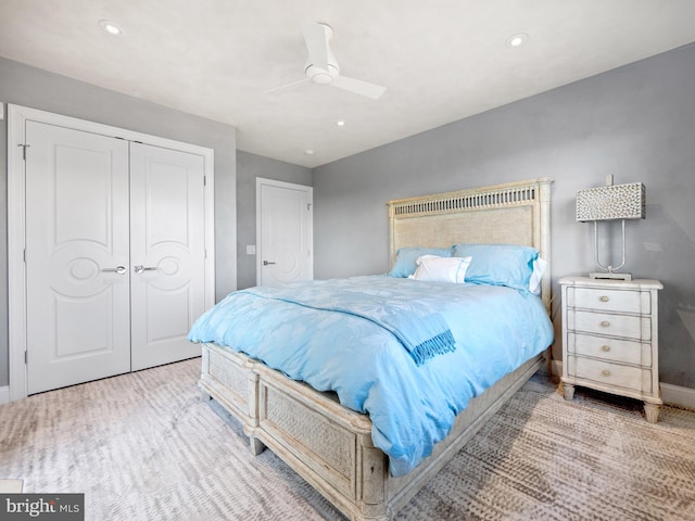 bedroom featuring a ceiling fan, recessed lighting, a closet, and baseboards