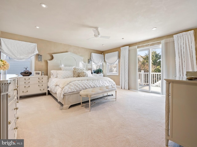 bedroom featuring light carpet, ceiling fan, recessed lighting, and access to exterior