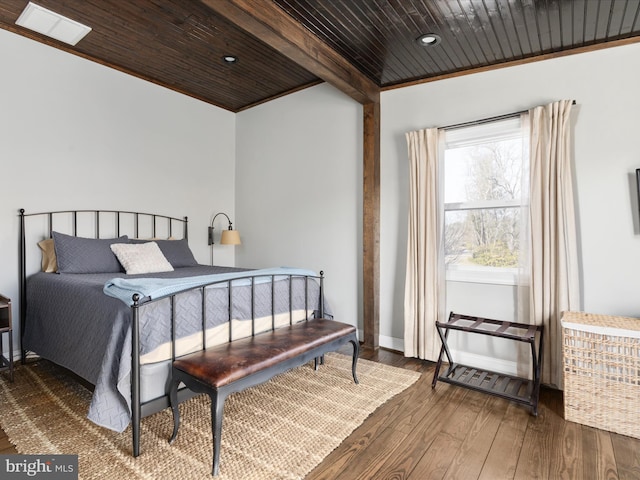 bedroom with wooden ceiling, recessed lighting, baseboards, hardwood / wood-style floors, and beamed ceiling