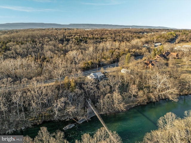 drone / aerial view featuring a mountain view and a view of trees