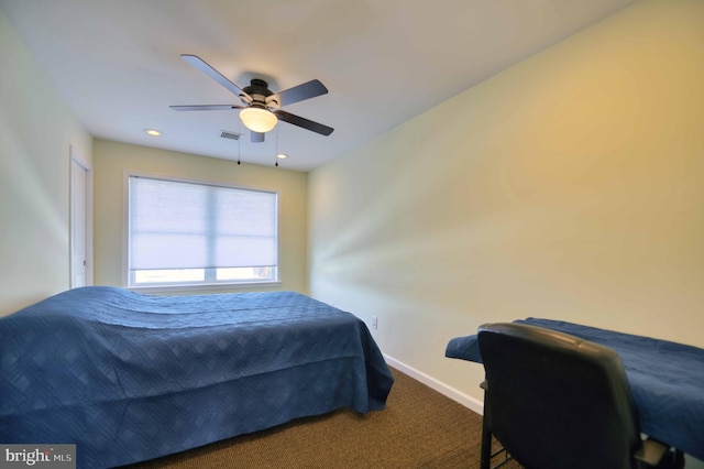 carpeted bedroom with visible vents, recessed lighting, a ceiling fan, and baseboards