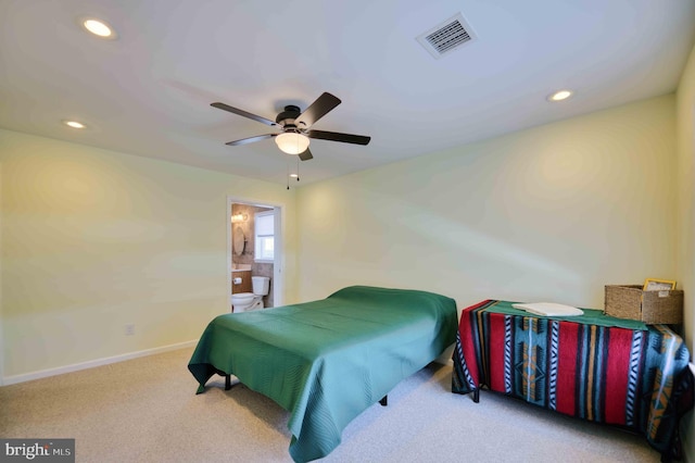 bedroom with baseboards, visible vents, carpet flooring, and recessed lighting