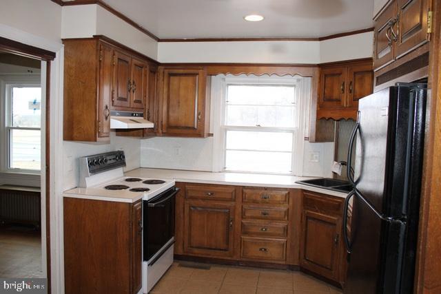 kitchen featuring radiator, freestanding refrigerator, a healthy amount of sunlight, under cabinet range hood, and white range with electric cooktop