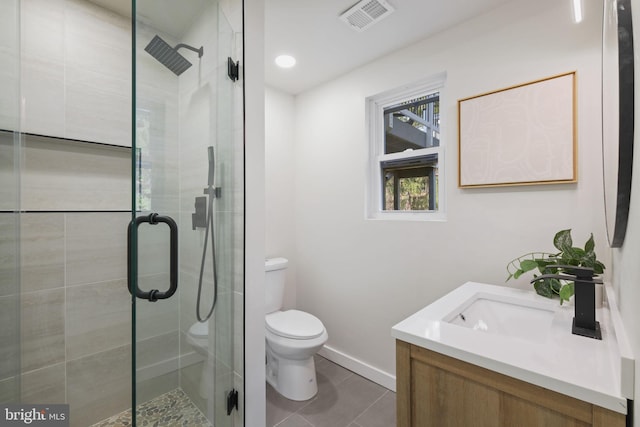 full bathroom featuring visible vents, a shower stall, toilet, and tile patterned floors