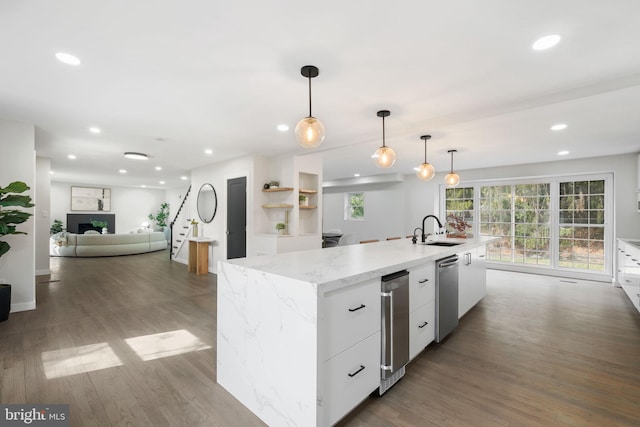 kitchen with a sink, stainless steel dishwasher, wood finished floors, and white cabinets