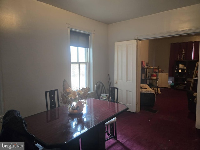 dining area featuring dark colored carpet