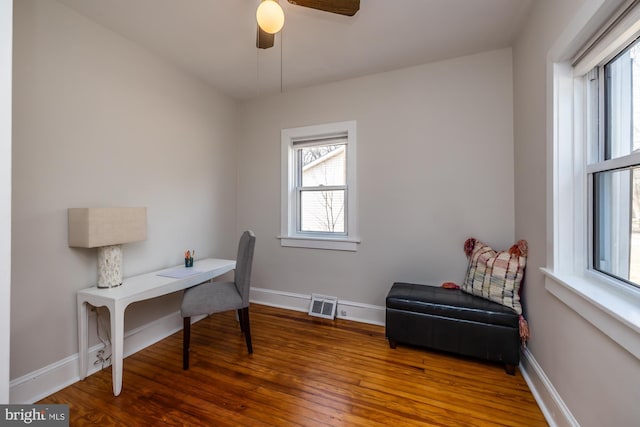 office space with ceiling fan, wood finished floors, visible vents, and baseboards