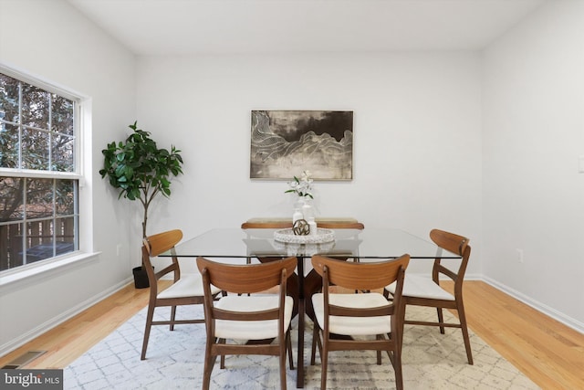 dining room with light wood-style floors, visible vents, and baseboards