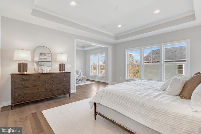 bedroom featuring baseboards, a raised ceiling, and wood finished floors