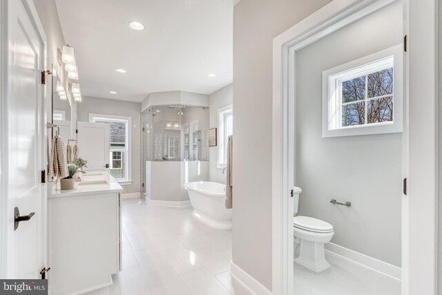 bathroom featuring a stall shower, baseboards, a freestanding bath, and vanity