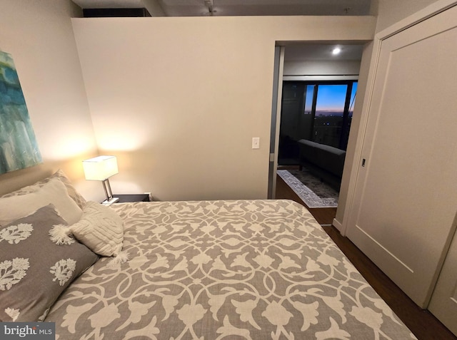 bedroom with dark wood-type flooring and a closet