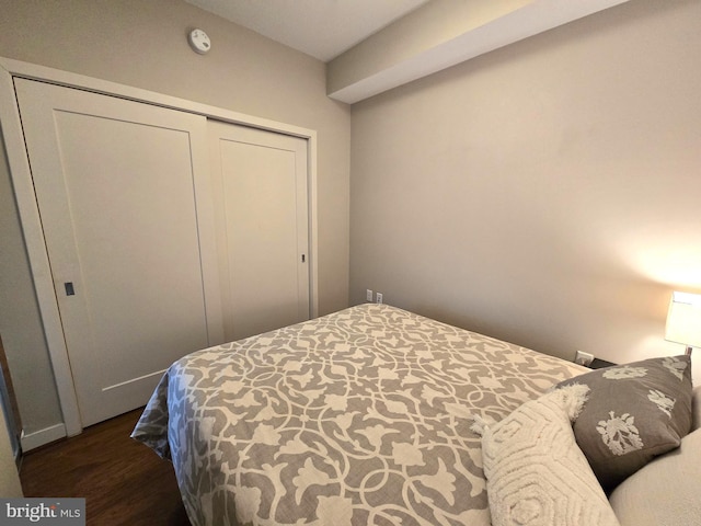 bedroom featuring dark wood-type flooring and a closet