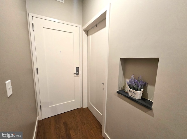 doorway with dark wood-type flooring