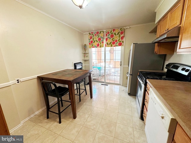 kitchen with under cabinet range hood, white dishwasher, range with electric cooktop, and crown molding