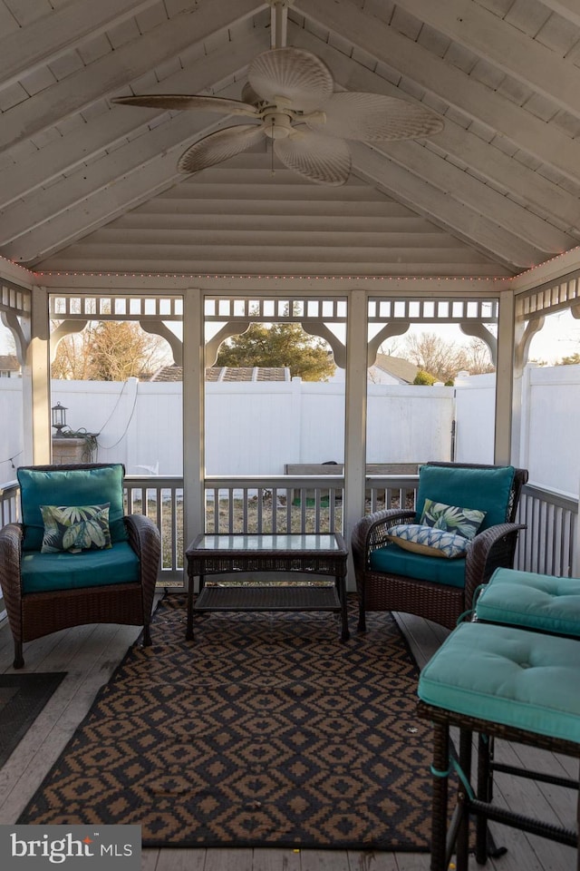 view of patio with fence, an outdoor living space, a gazebo, and ceiling fan