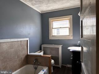 bathroom with toilet, vanity, crown molding, a textured ceiling, and a bath