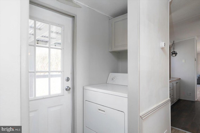 laundry area with dark wood-style floors, washer / clothes dryer, and cabinet space