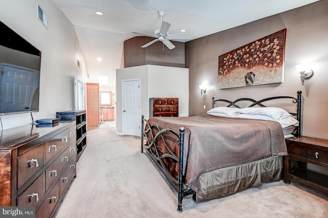 bedroom featuring recessed lighting, a high ceiling, visible vents, and light colored carpet