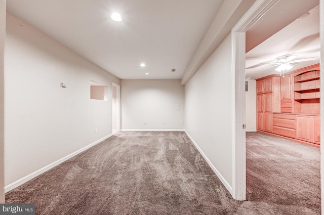 unfurnished room featuring a ceiling fan, recessed lighting, light carpet, and baseboards