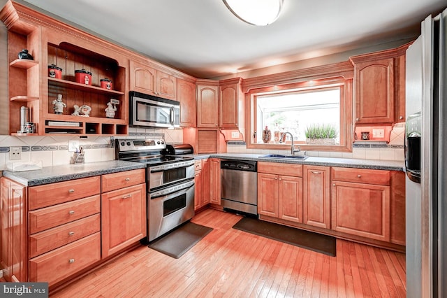 kitchen featuring light wood finished floors, open shelves, tasteful backsplash, appliances with stainless steel finishes, and a sink