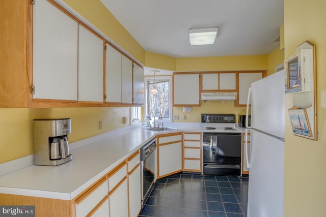 kitchen featuring under cabinet range hood, a sink, black dishwasher, electric range oven, and freestanding refrigerator