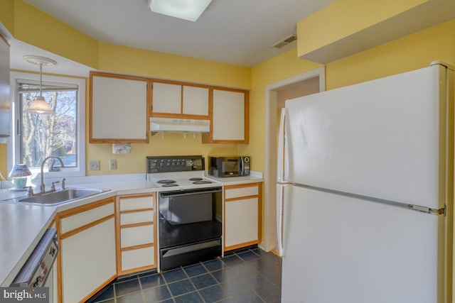 kitchen featuring under cabinet range hood, dishwasher, electric range oven, freestanding refrigerator, and a sink