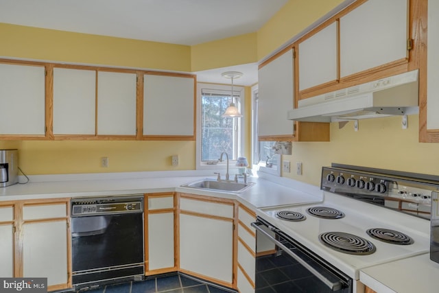 kitchen featuring a sink, light countertops, black dishwasher, under cabinet range hood, and range with electric stovetop