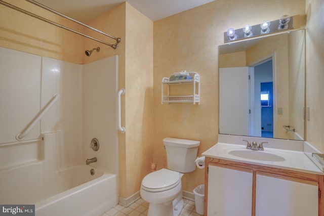 bathroom featuring toilet, shower / bathtub combination, tile patterned flooring, baseboards, and vanity