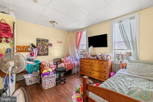 bedroom featuring radiator heating unit, a drop ceiling, and wood finished floors