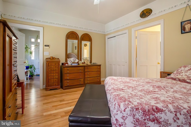 bedroom featuring light wood-style floors and a closet