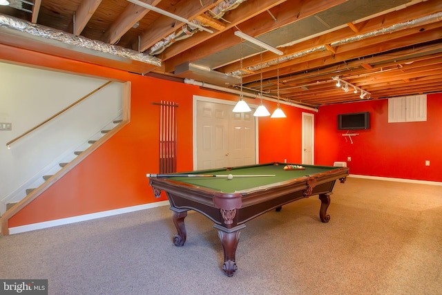 recreation room featuring pool table, carpet flooring, and baseboards