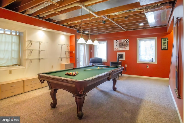 game room with light colored carpet, billiards, and baseboards