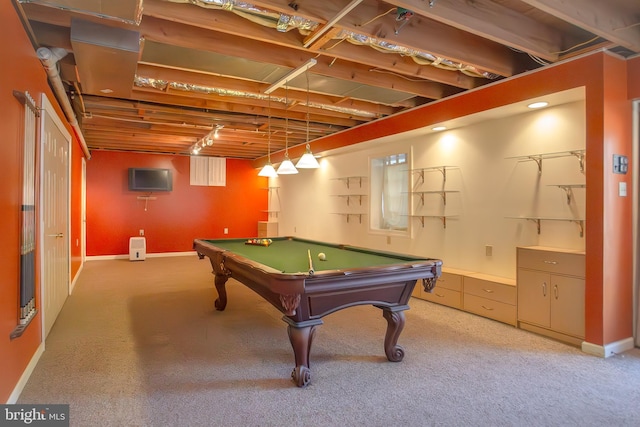 recreation room with pool table, light colored carpet, and baseboards