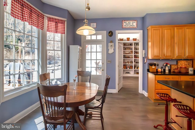 dining room featuring dark wood-type flooring and baseboards