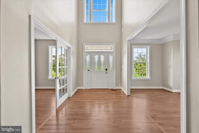 entryway featuring a towering ceiling, baseboards, and wood finished floors