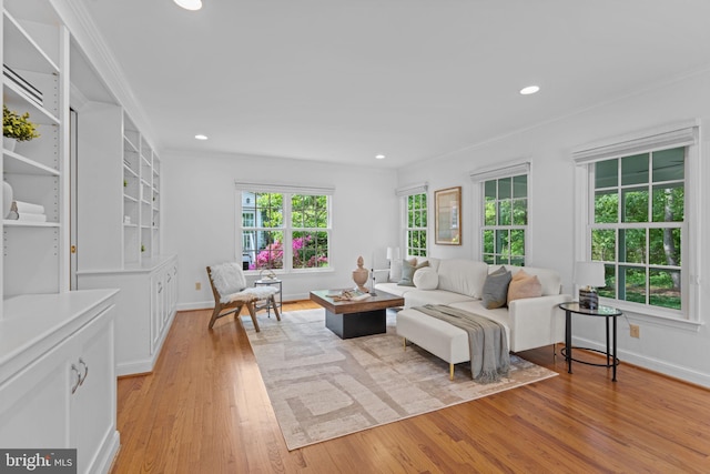 1733 Crestwood Dr, Alexandria, VA 22302 - living area featuring light wood-style floors, recessed lighting, baseboards, and crown molding