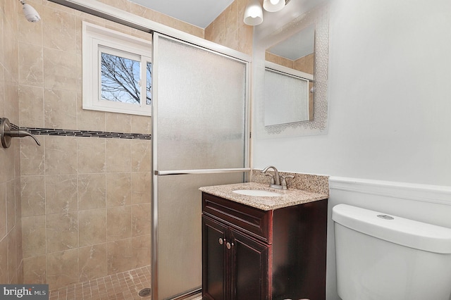 bathroom with a shower stall, vanity, and toilet