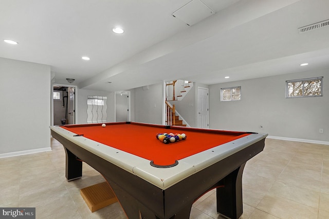 recreation room featuring visible vents, recessed lighting, billiards, and baseboards