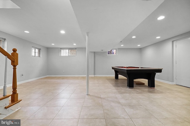 rec room with light tile patterned flooring, recessed lighting, and baseboards