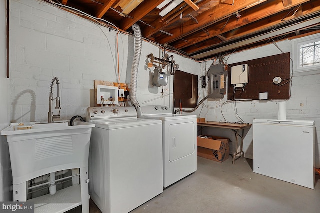 laundry room with laundry area, electric panel, and washer and clothes dryer