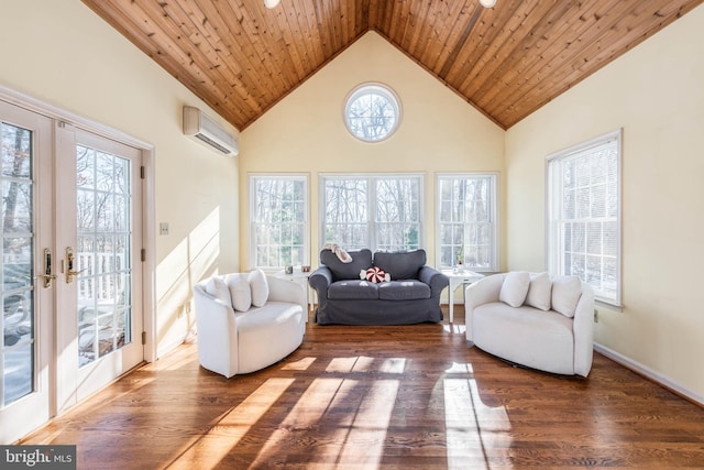 sunroom featuring lofted ceiling, french doors, a wall mounted AC, and wooden ceiling